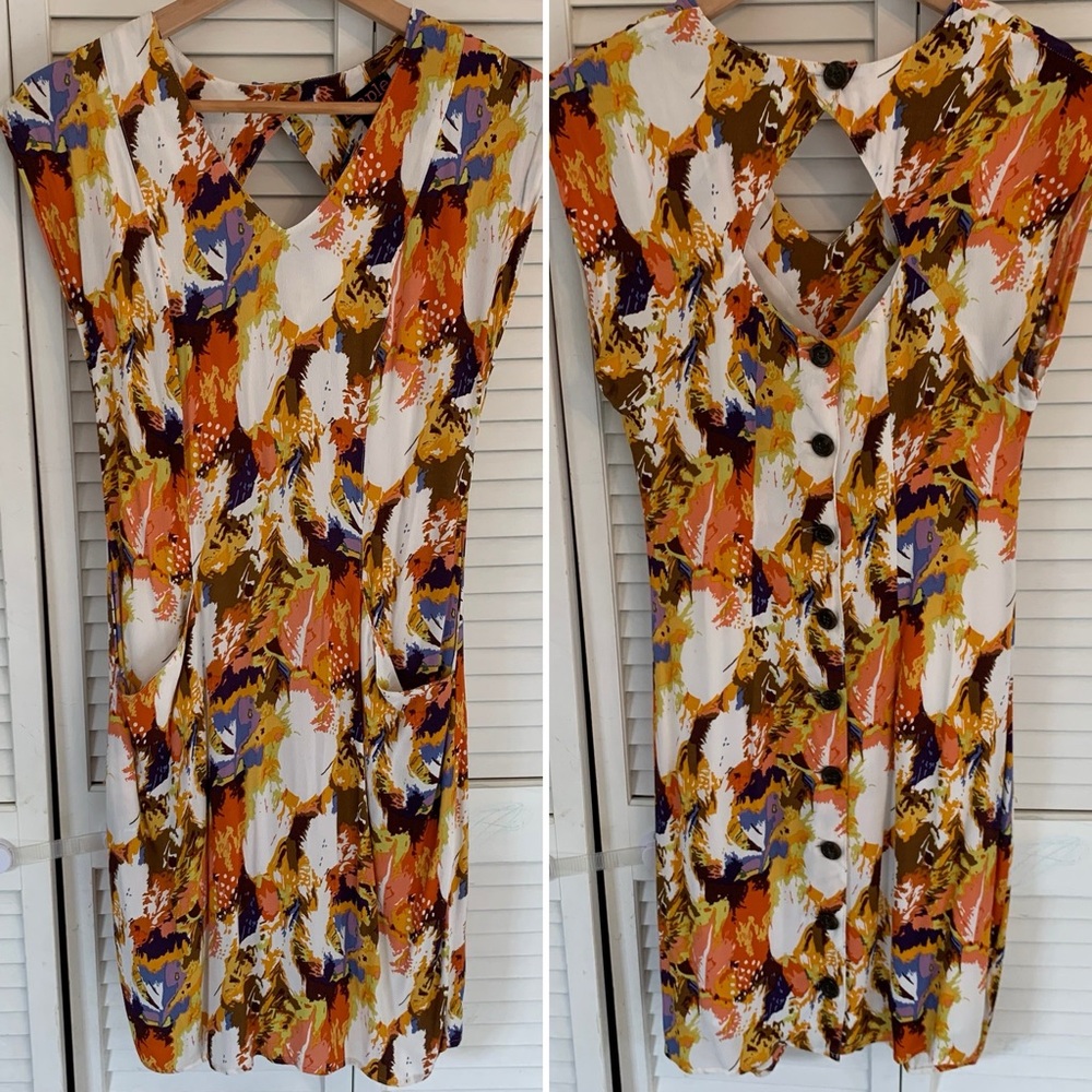 Maple by Some Odd Rubies Era Plumes Shift Dress Sz‎ 0 Multi-Color Pockets Retro